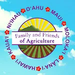 A colorful “Family and Friends of Agriculture” logo with a rainbow sunburst and Hawaiian text, framed by hibiscus flowers.