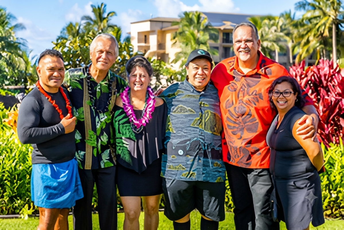 A group of six people smiling in a tropical resort garden, wearing colorful leis and shirts, posing outdoors.