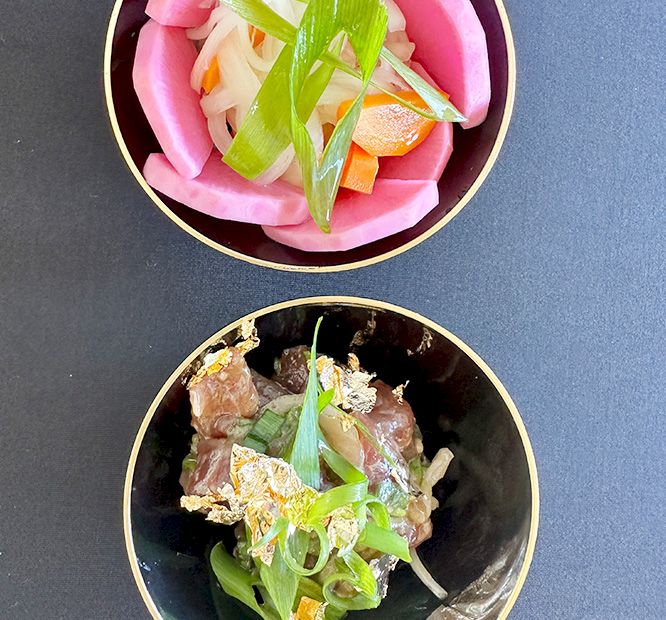 Two small bowls of chopped vegetables and meat, topped with green onion, one with pink slices and one with browned meat pieces.