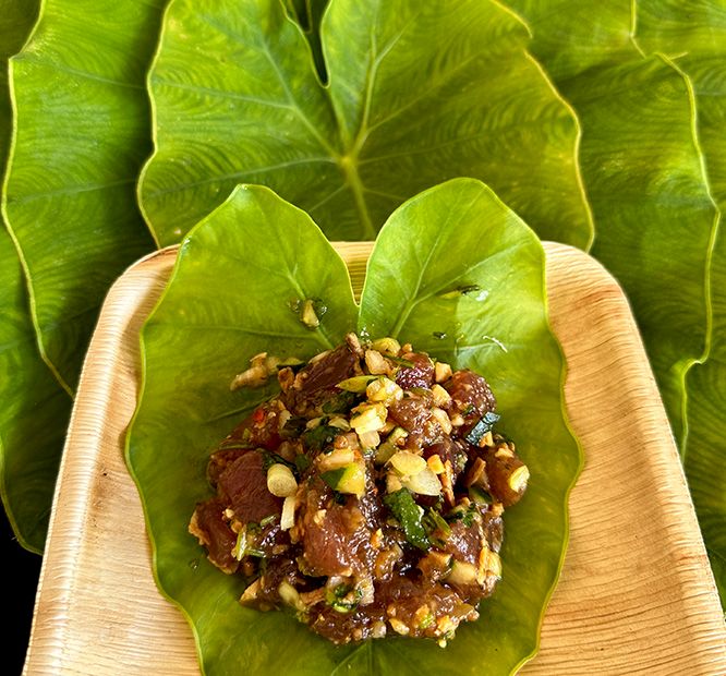 A bowl of meat and herbs topped with chopped aromatics sits on a green leaf-shaped plate, against large leafy greens.